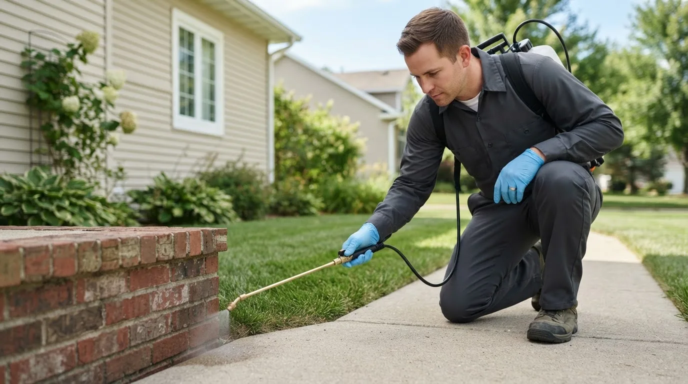 Pest control technician treating a home near Scammon, KS